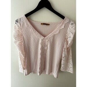 Belldini Women’s M Pink Milkmaid Blouse Lace Sleeve Swiss Dot Cottagecore Top